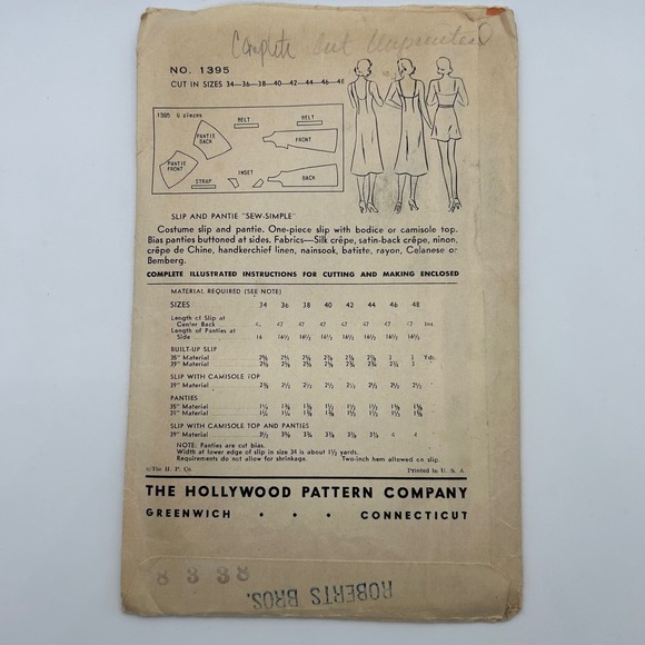 Hollywood Vintage 1940's Pattern #1395 Women's Slip and Panties Bust 34 Hip 37 - Picture 6 of 6